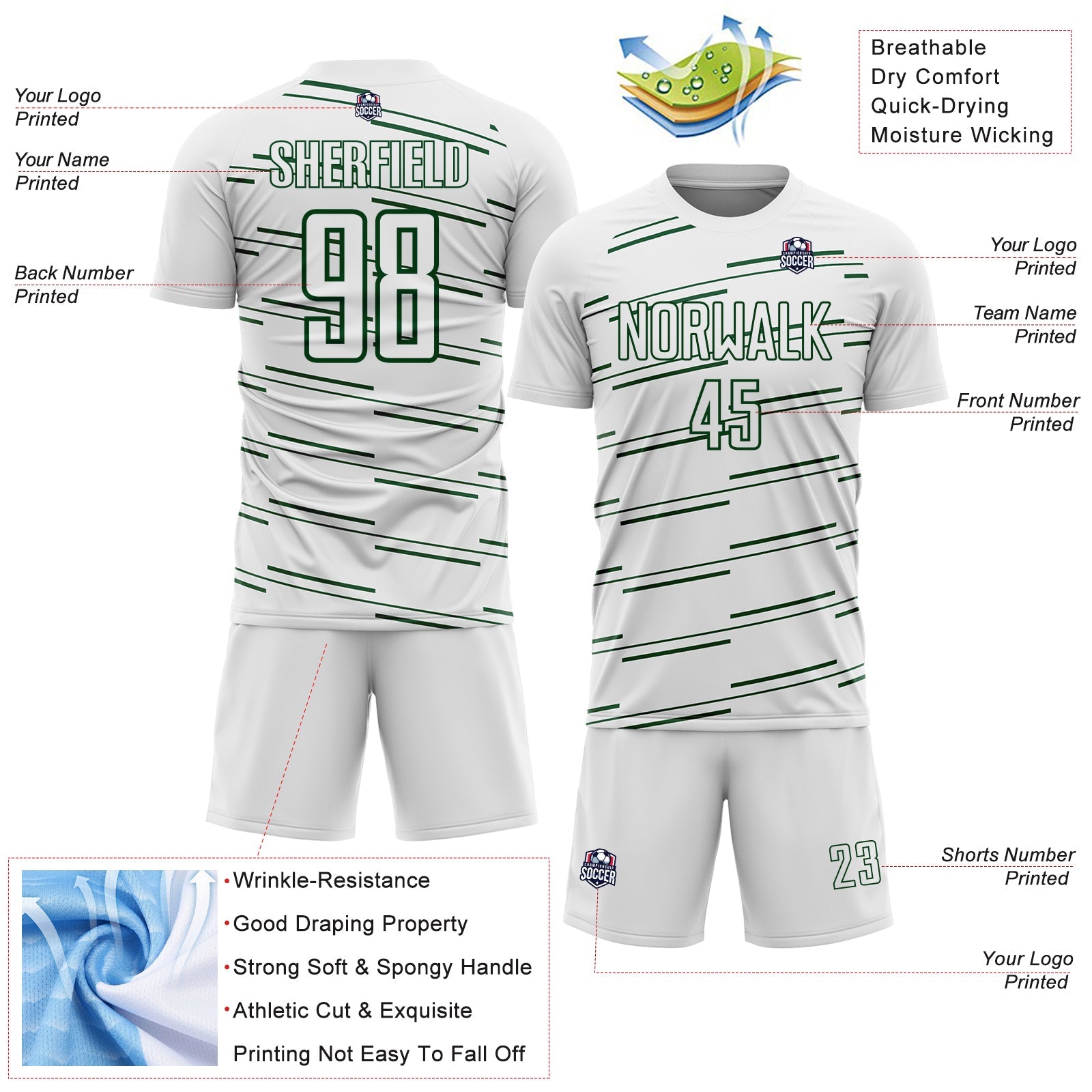 Custom White Green Diagonal Pinstripes Lines Sports Sublimation Soccer Uniform Jersey view 4