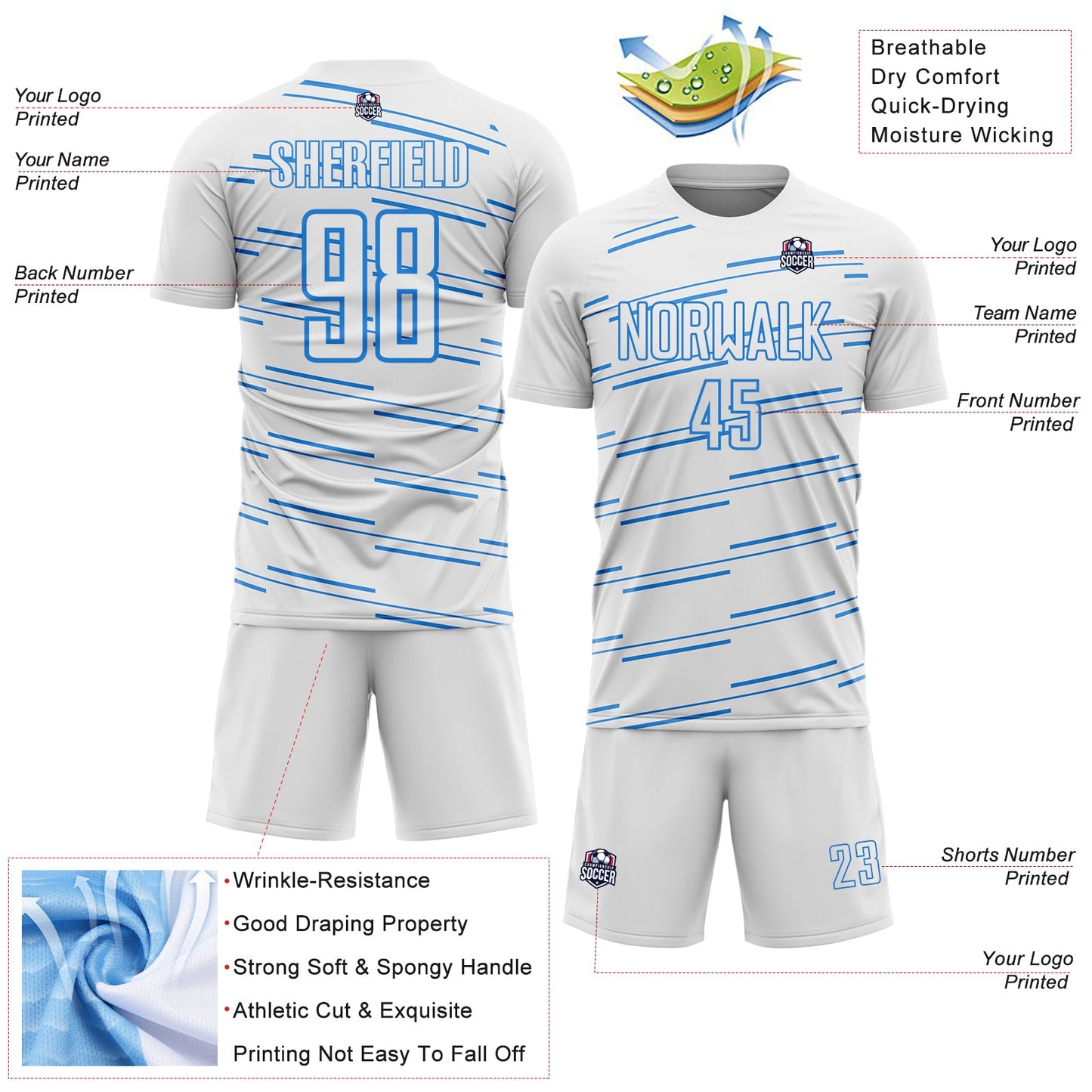 Custom White Powder Blue Diagonal Pinstripes Lines Sports Sublimation Soccer Uniform Jersey view 4