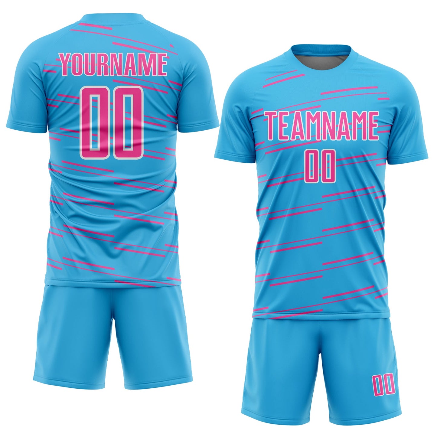 Custom Sky Blue Pink-White Diagonal Pinstripes Lines Sports Sublimation Soccer Uniform Jersey view 2