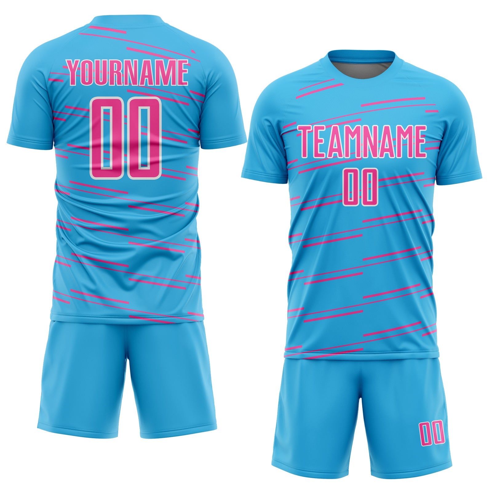 Custom Sky Blue Pink-White Diagonal Pinstripes Lines Sports Sublimation Soccer Uniform Jersey view 2