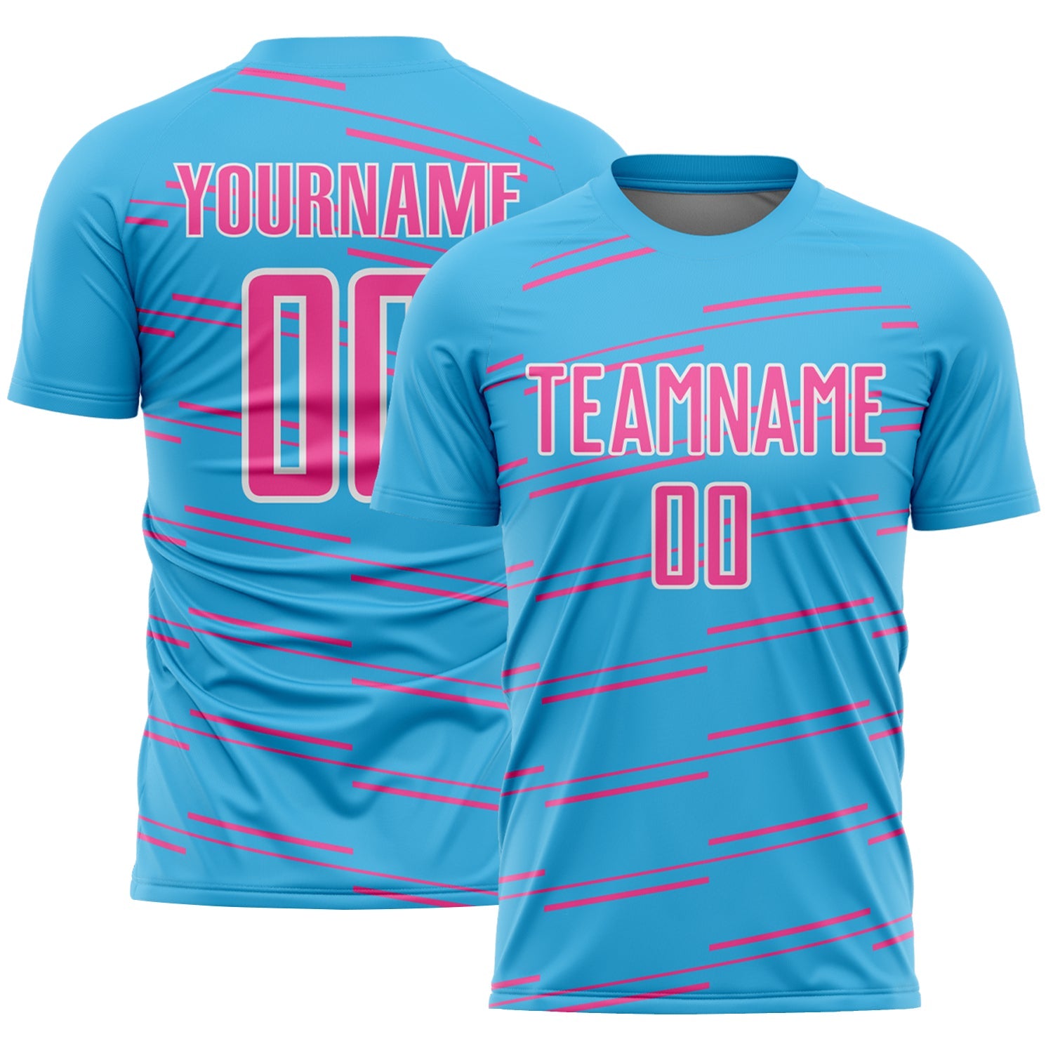 Custom Sky Blue Pink-White Diagonal Pinstripes Lines Sports Sublimation Soccer Uniform Jersey - Main View