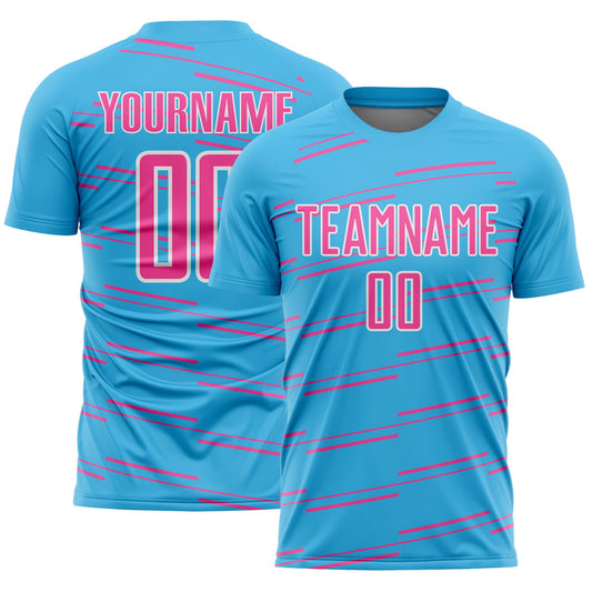 Custom Sky Blue Pink-White Diagonal Pinstripes Lines Sports Sublimation Soccer Uniform Jersey - Main View