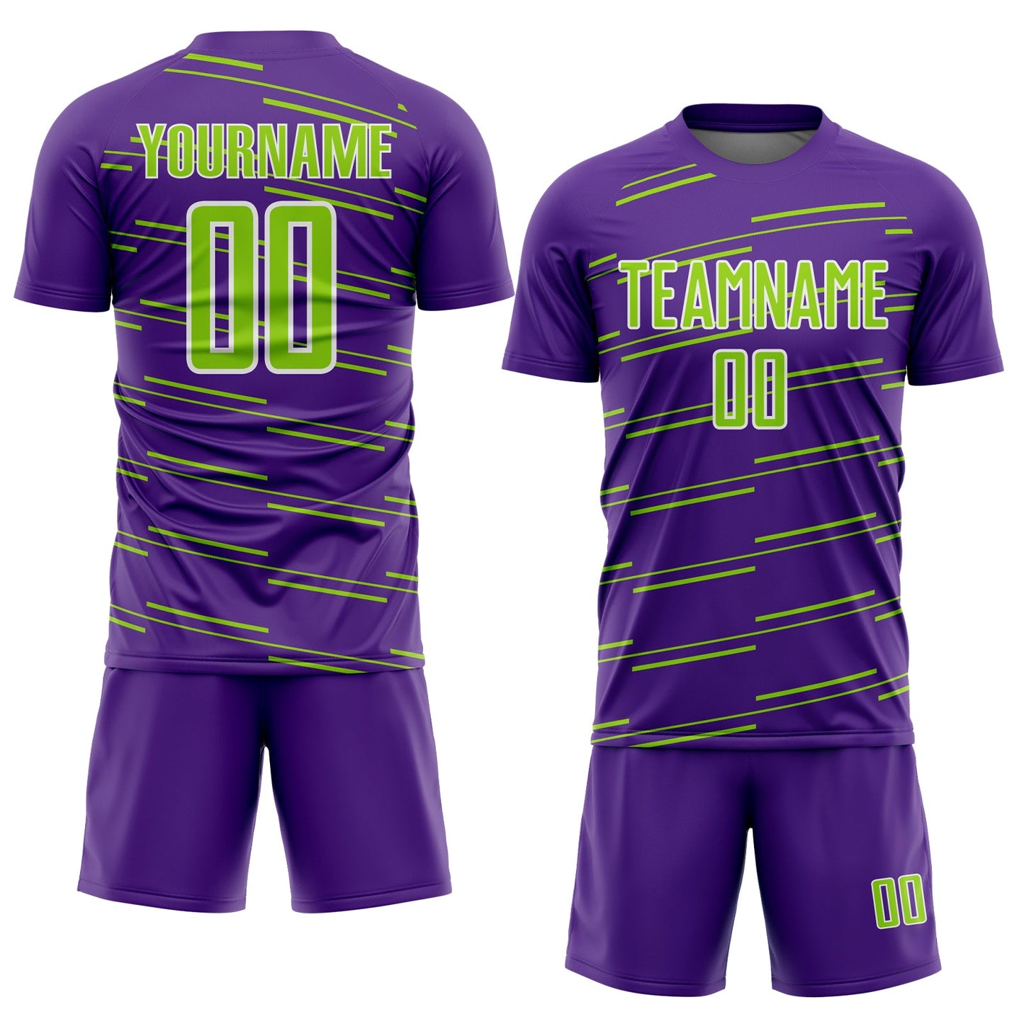 Custom Purple Neon Green-White Diagonal Pinstripes Lines Sports Sublimation Soccer Uniform Jersey view 2