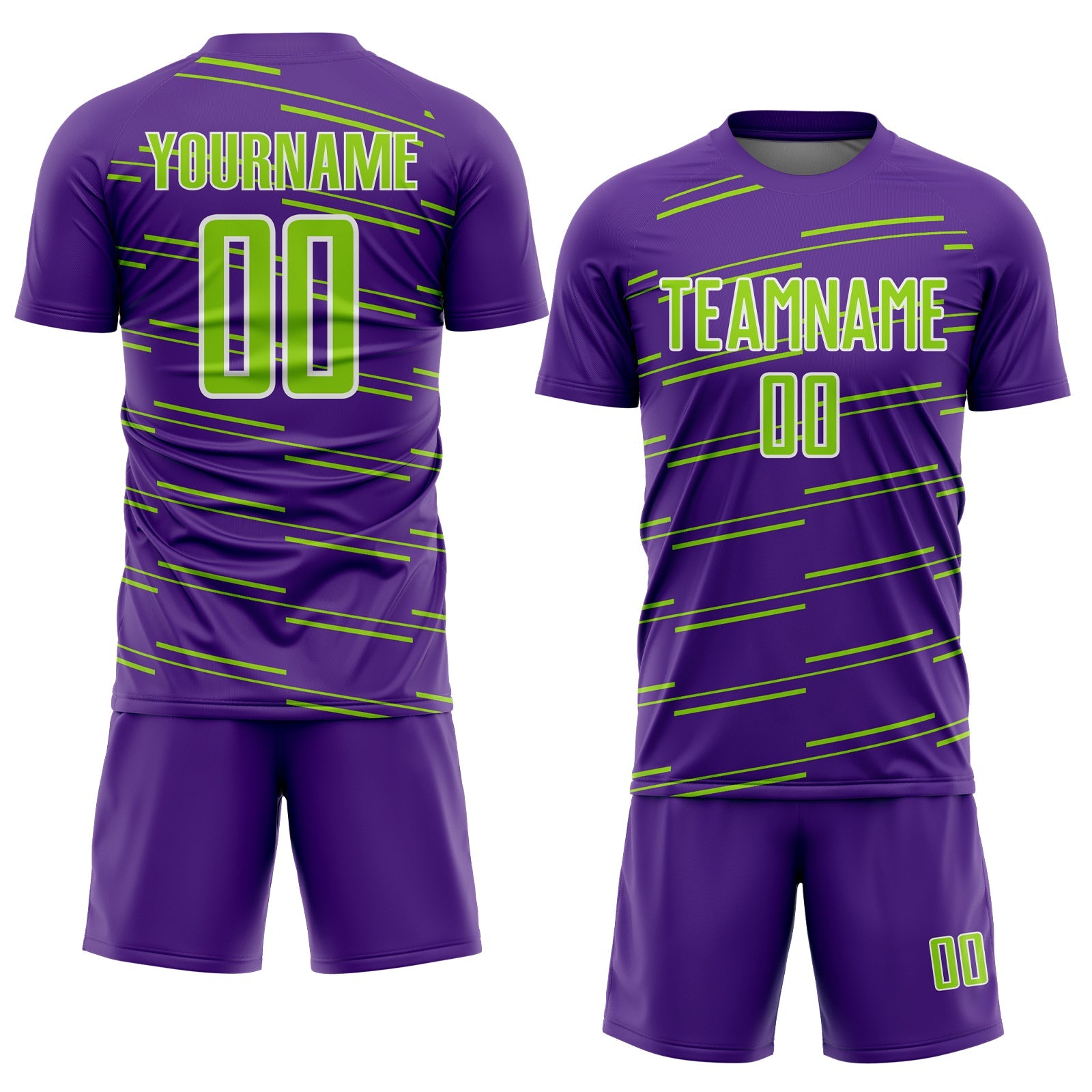 Custom Purple Neon Green-White Diagonal Pinstripes Lines Sports Sublimation Soccer Uniform Jersey view 2