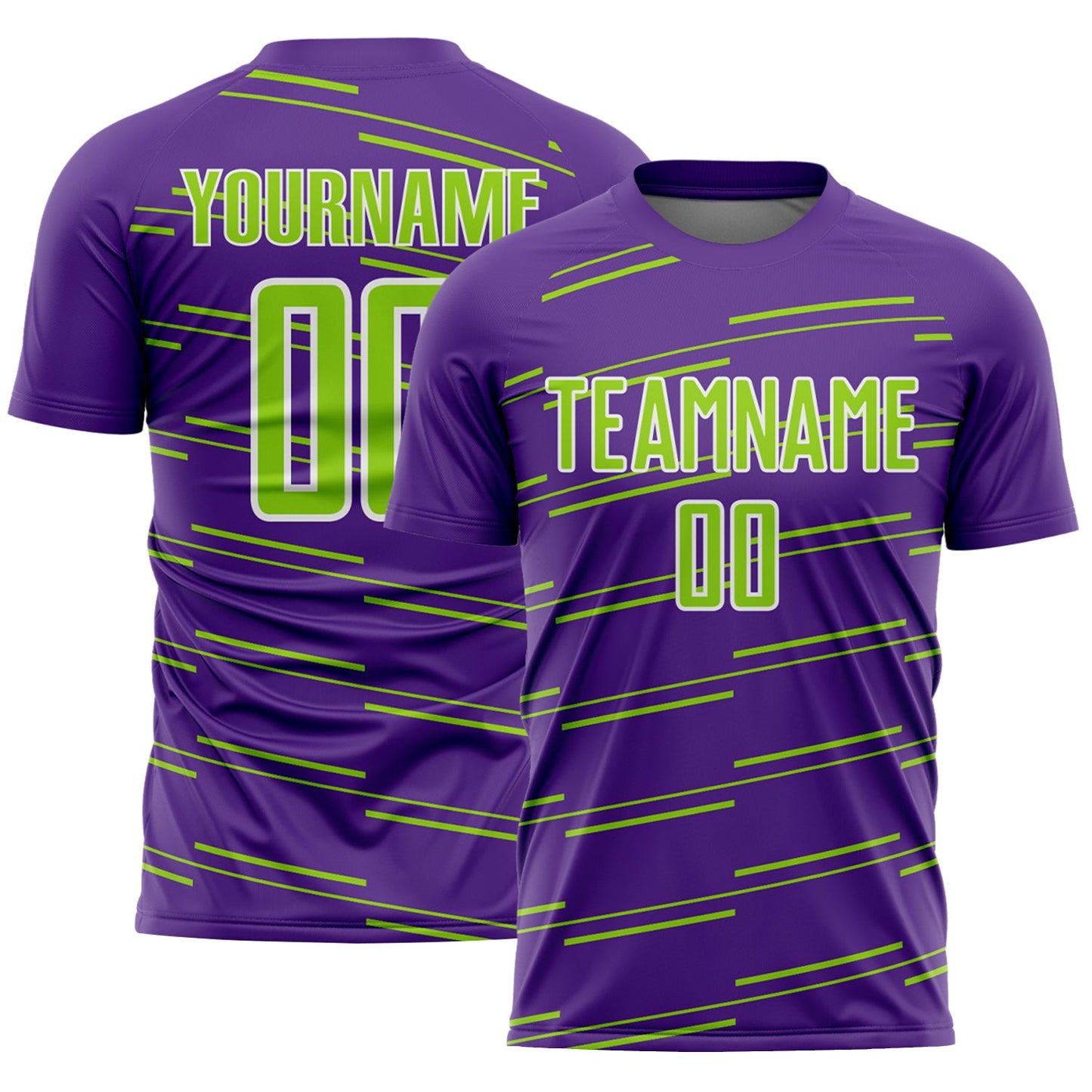 Custom Purple Neon Green-White Diagonal Pinstripes Lines Sports Sublimation Soccer Uniform Jersey - Main View