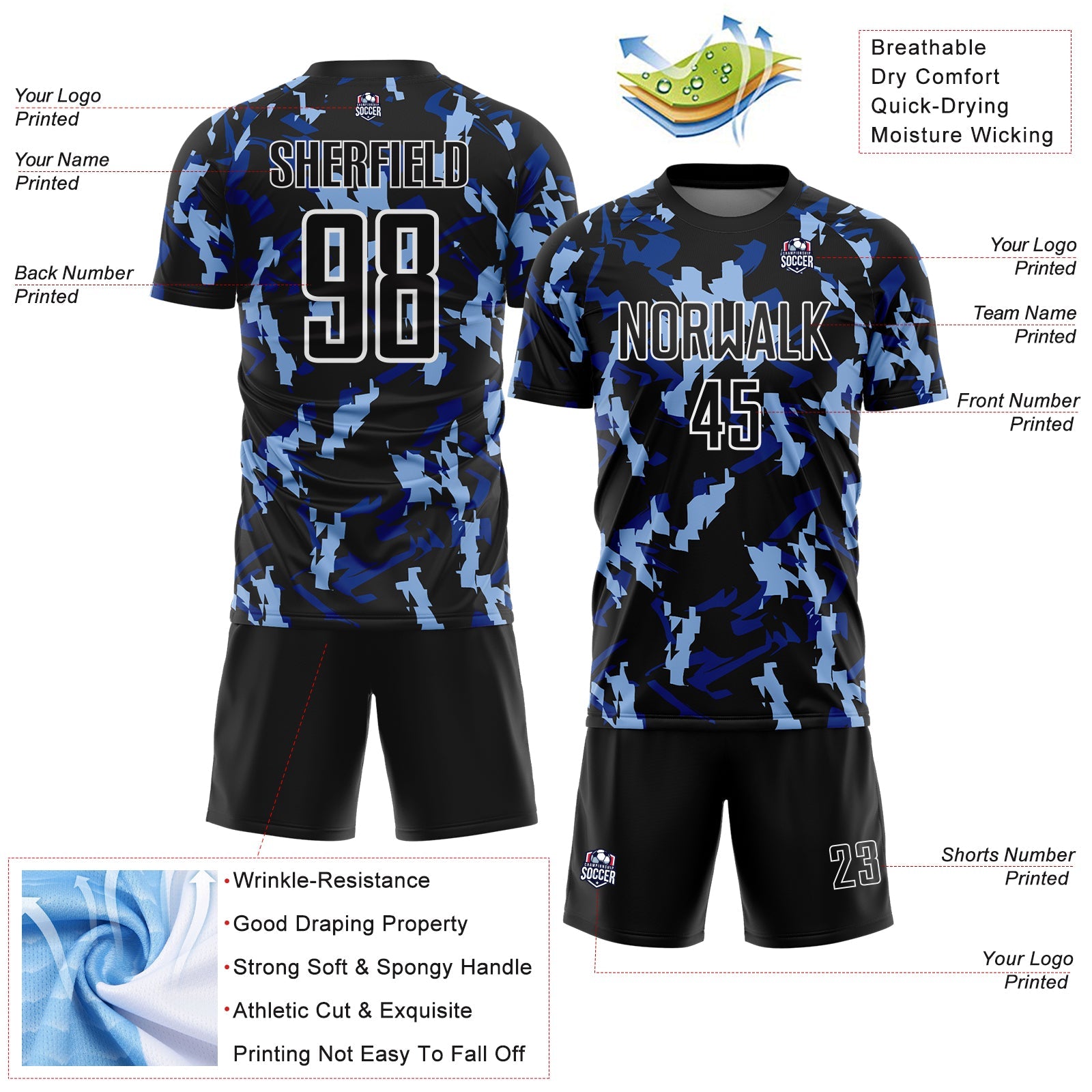 Custom Black White-Blue Geometric Camo Fragment Sports Sublimation Soccer Uniform Jersey view 4