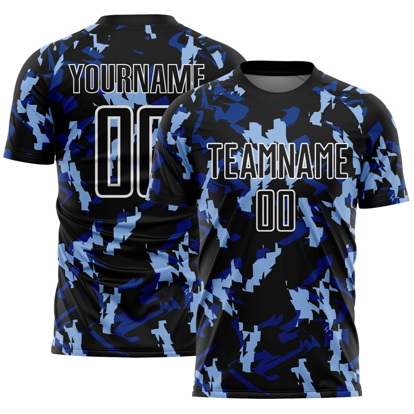 Custom Black White-Blue Geometric Camo Fragment Sports Sublimation Soccer Uniform Jersey - Main View