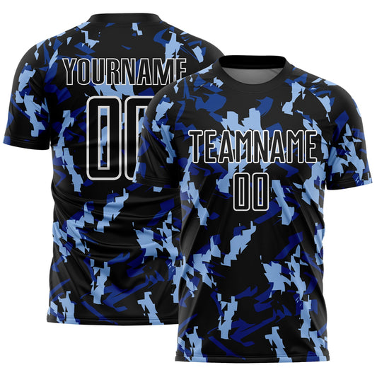 Custom Black White-Blue Geometric Camo Fragment Sports Sublimation Soccer Uniform Jersey - Main View