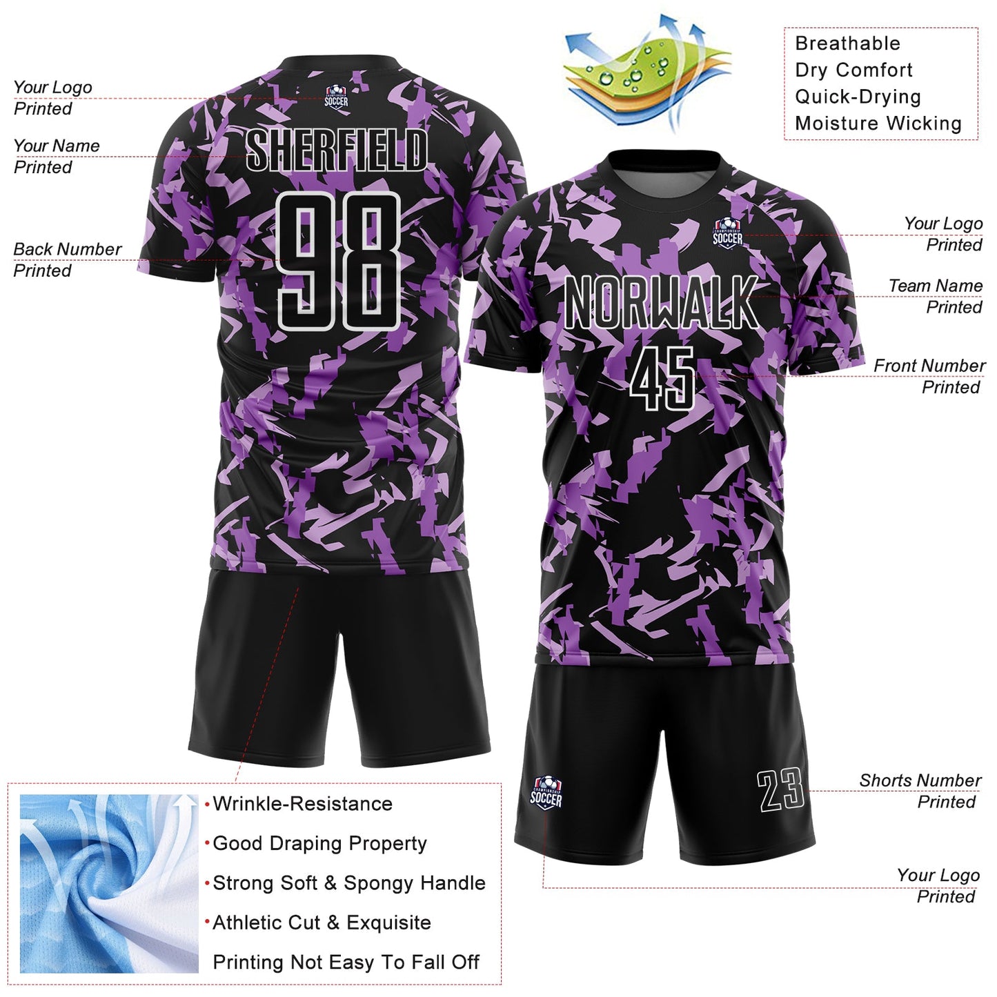 Custom Black White-Purple Geometric Camo Fragment Sports Sublimation Soccer Uniform Jersey view 4