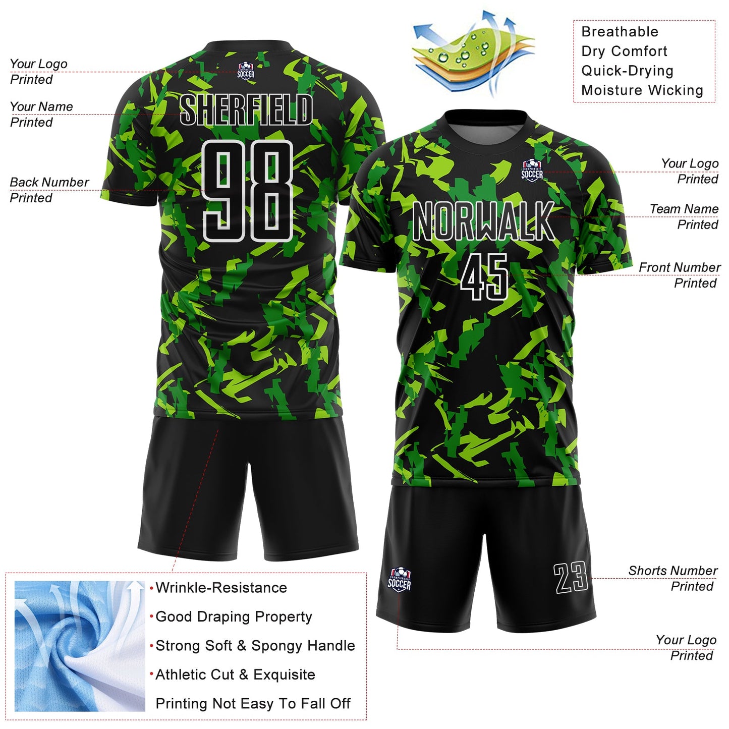 Custom Black White-Green Geometric Camo Fragment Sports Sublimation Soccer Uniform Jersey view 4
