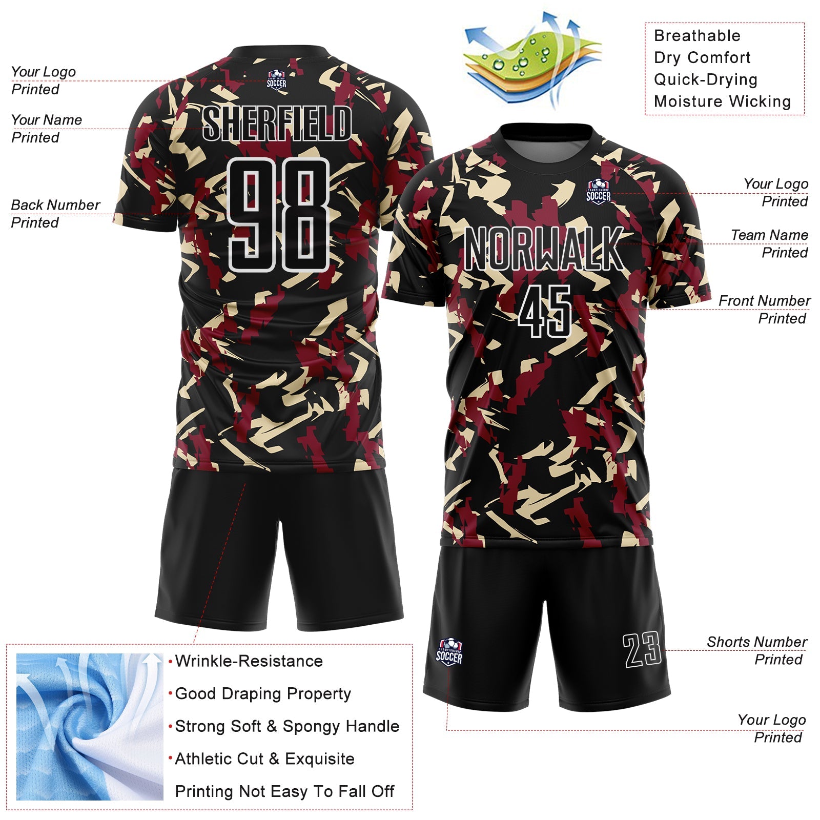 Custom Black White Crimson-Cream Geometric Camo Fragment Sports Sublimation Soccer Uniform Jersey view 4