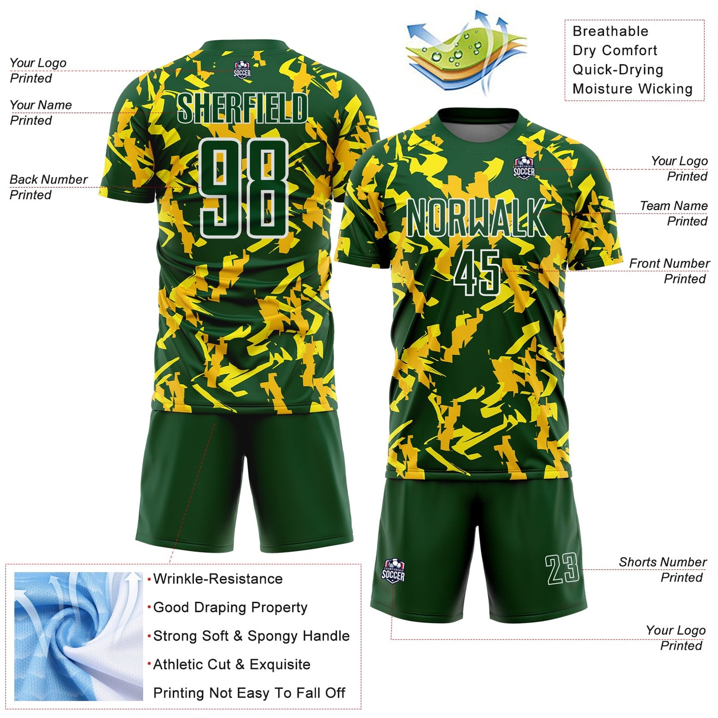 Custom Green White-Yellow Geometric Camo Fragment Sports Sublimation Soccer Uniform Jersey view 4