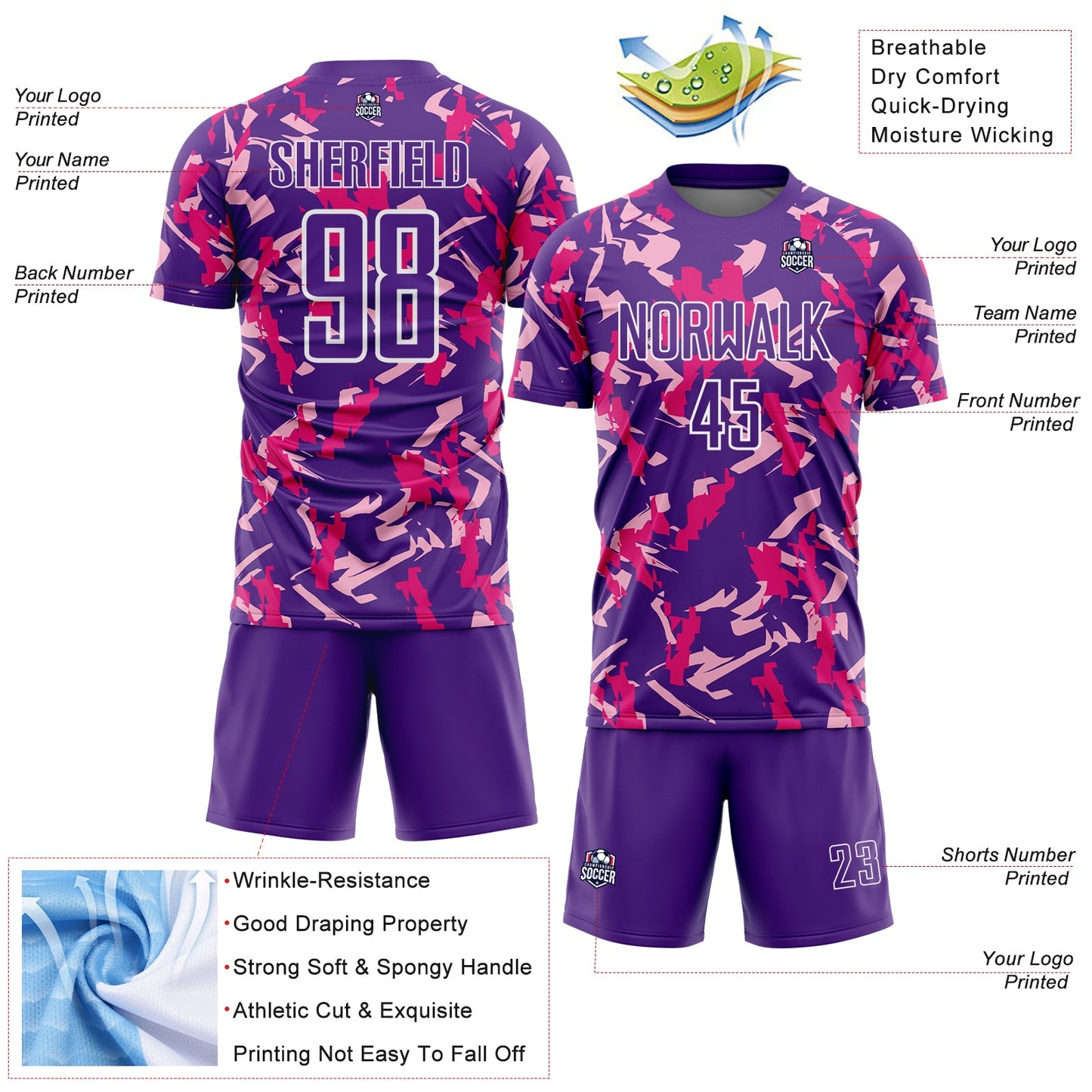 Custom Purple White-Pink Geometric Camo Fragment Sports Sublimation Soccer Uniform Jersey view 4