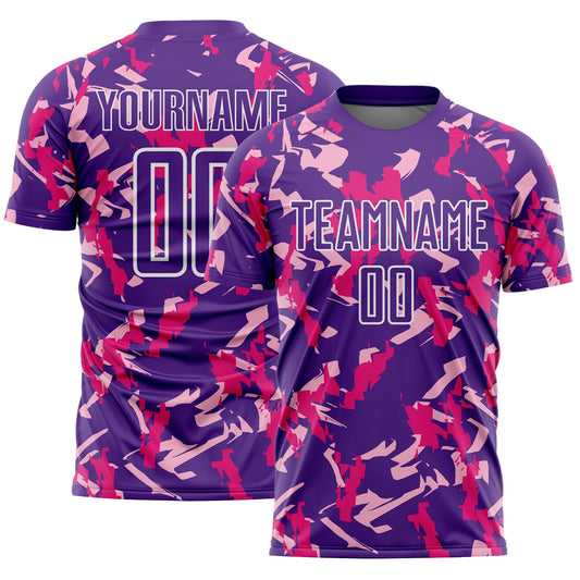 Custom Purple White-Pink Geometric Camo Fragment Sports Sublimation Soccer Uniform Jersey - Main View