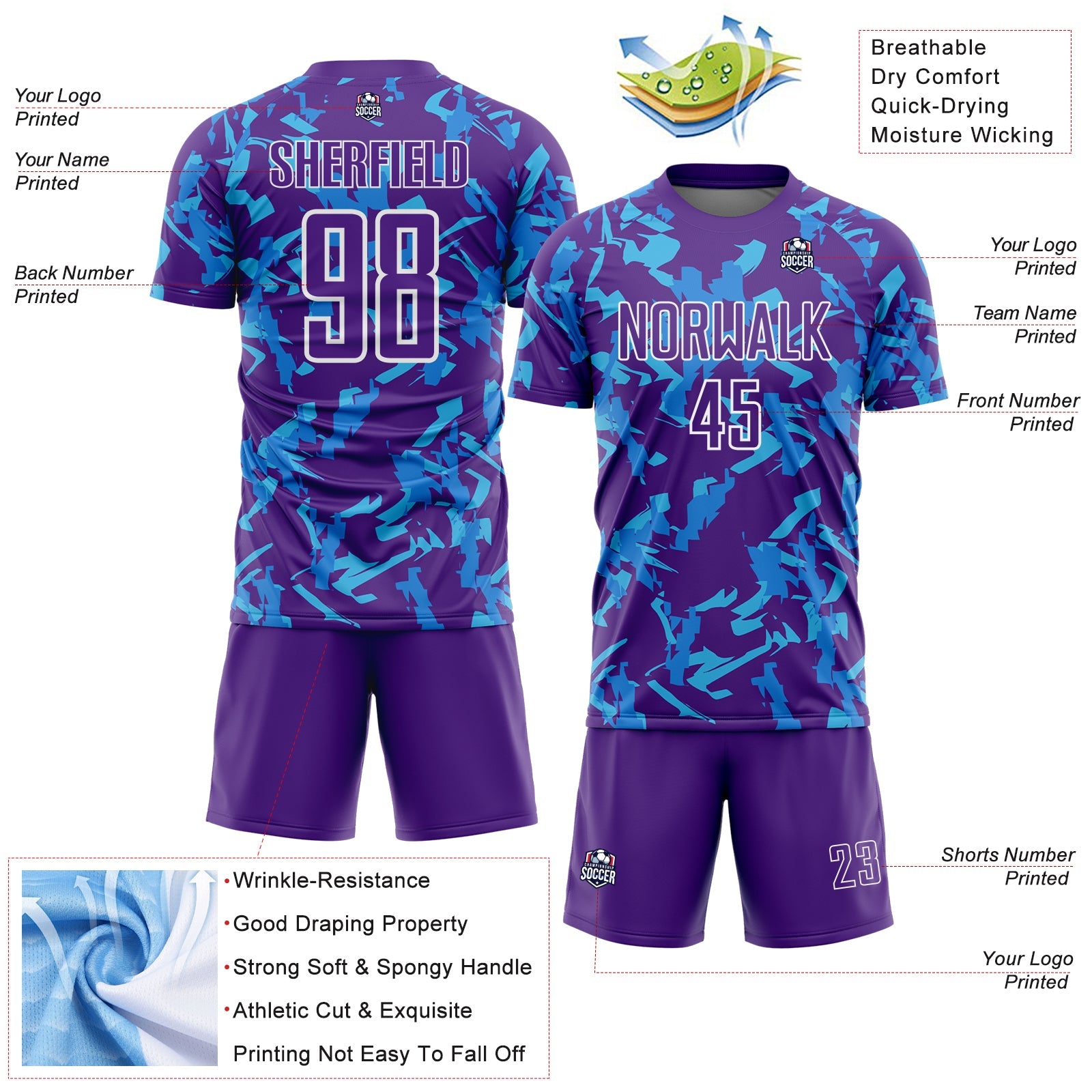Custom Purple White-Blue Geometric Camo Fragment Sports Sublimation Soccer Uniform Jersey view 4