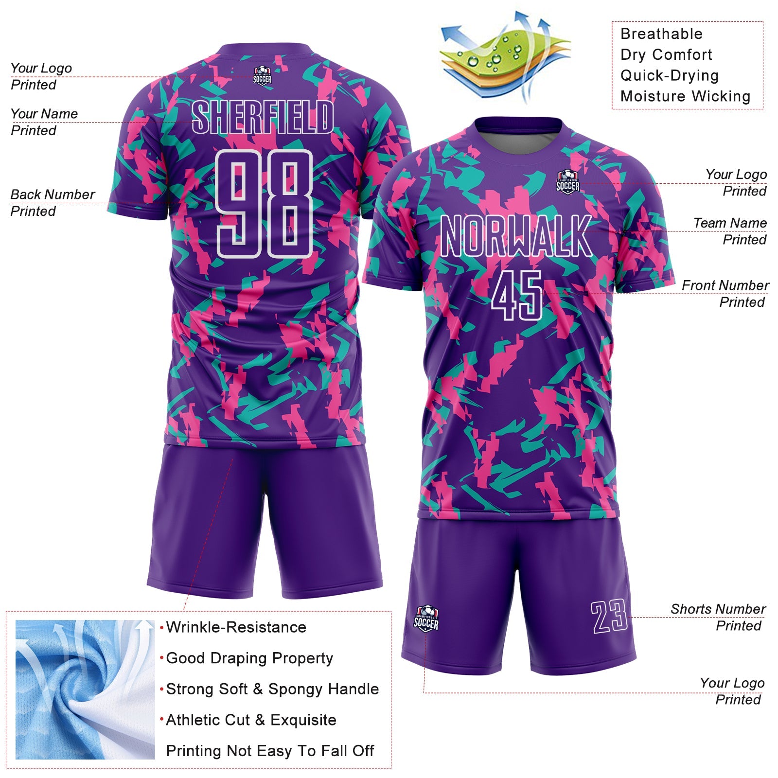Custom Purple White Pink-Aqua Geometric Camo Fragment Sports Sublimation Soccer Uniform Jersey view 4