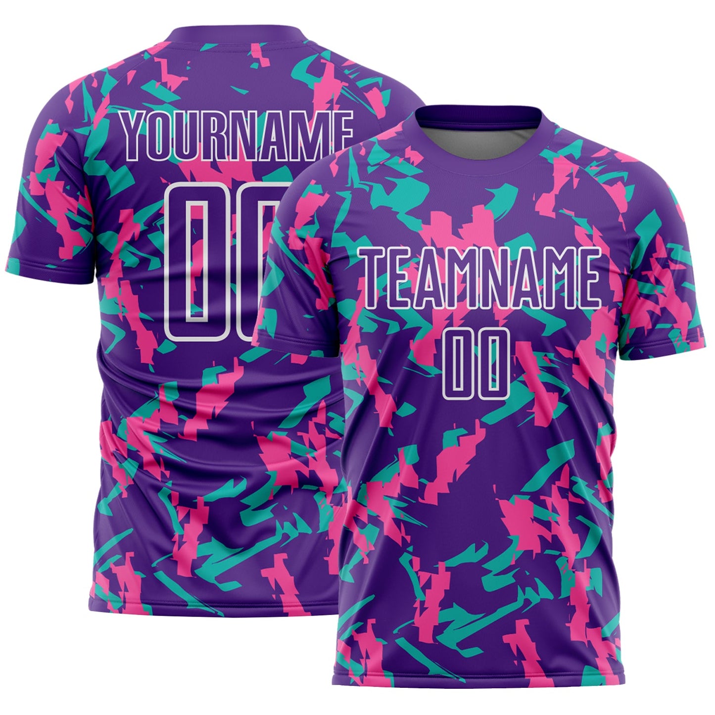 Custom Purple White Pink-Aqua Geometric Camo Fragment Sports Sublimation Soccer Uniform Jersey - Main View
