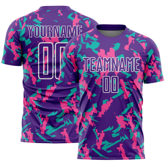 Custom Purple White Pink-Aqua Geometric Camo Fragment Sports Sublimation Soccer Uniform Jersey - Main View
