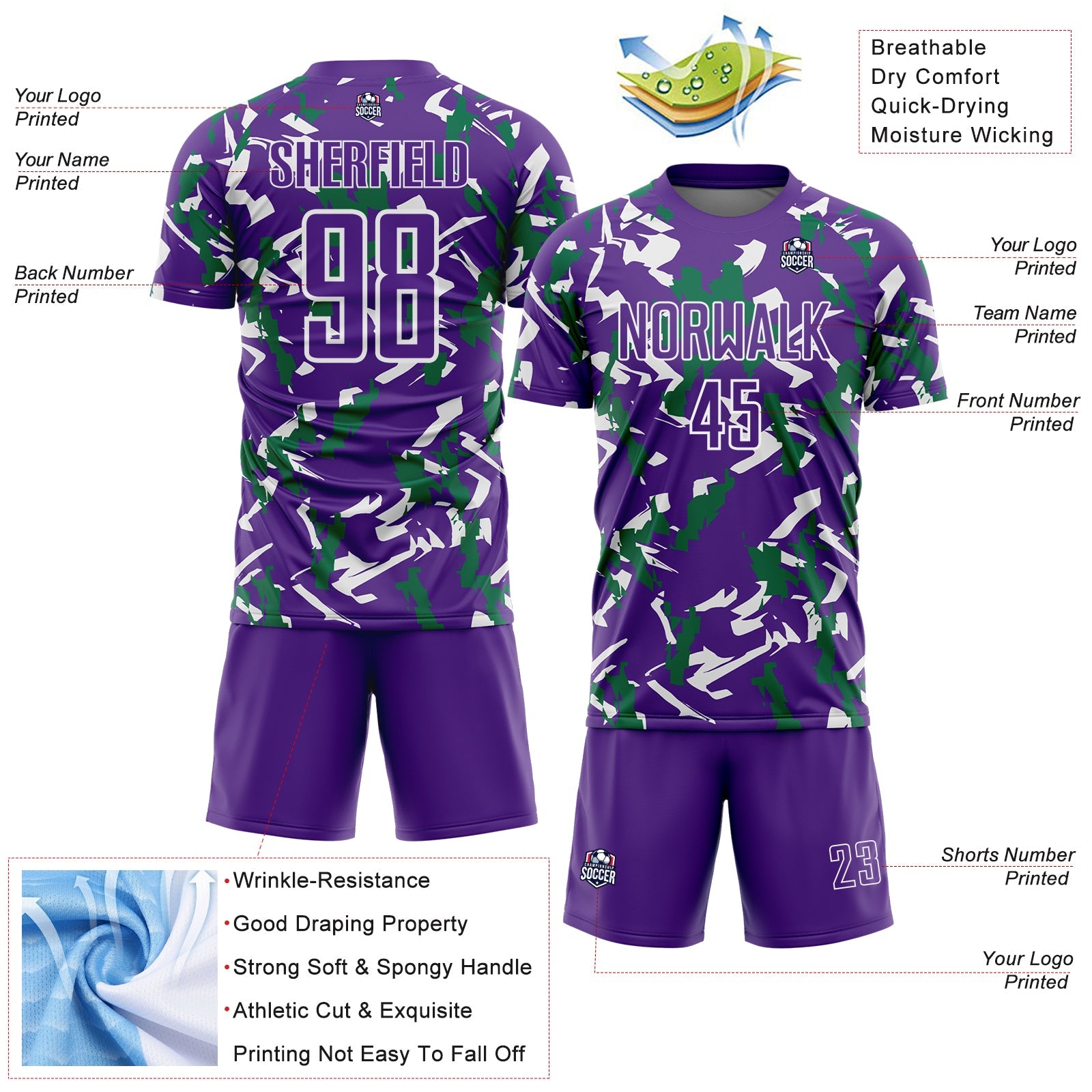 Custom Purple White-Kelly Green Geometric Camo Fragment Sports Sublimation Soccer Uniform Jersey view 4