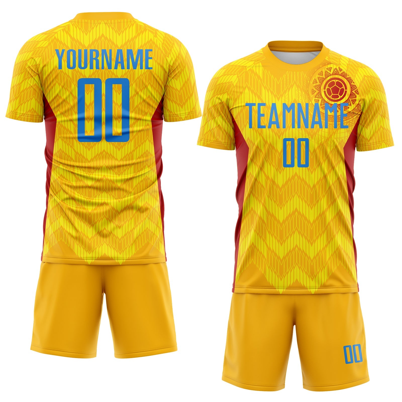 Custom Gold Powder Blue Red-Light Yellow Colombia Zigzag Pattern Sublimation Soccer Uniform Jersey view 2