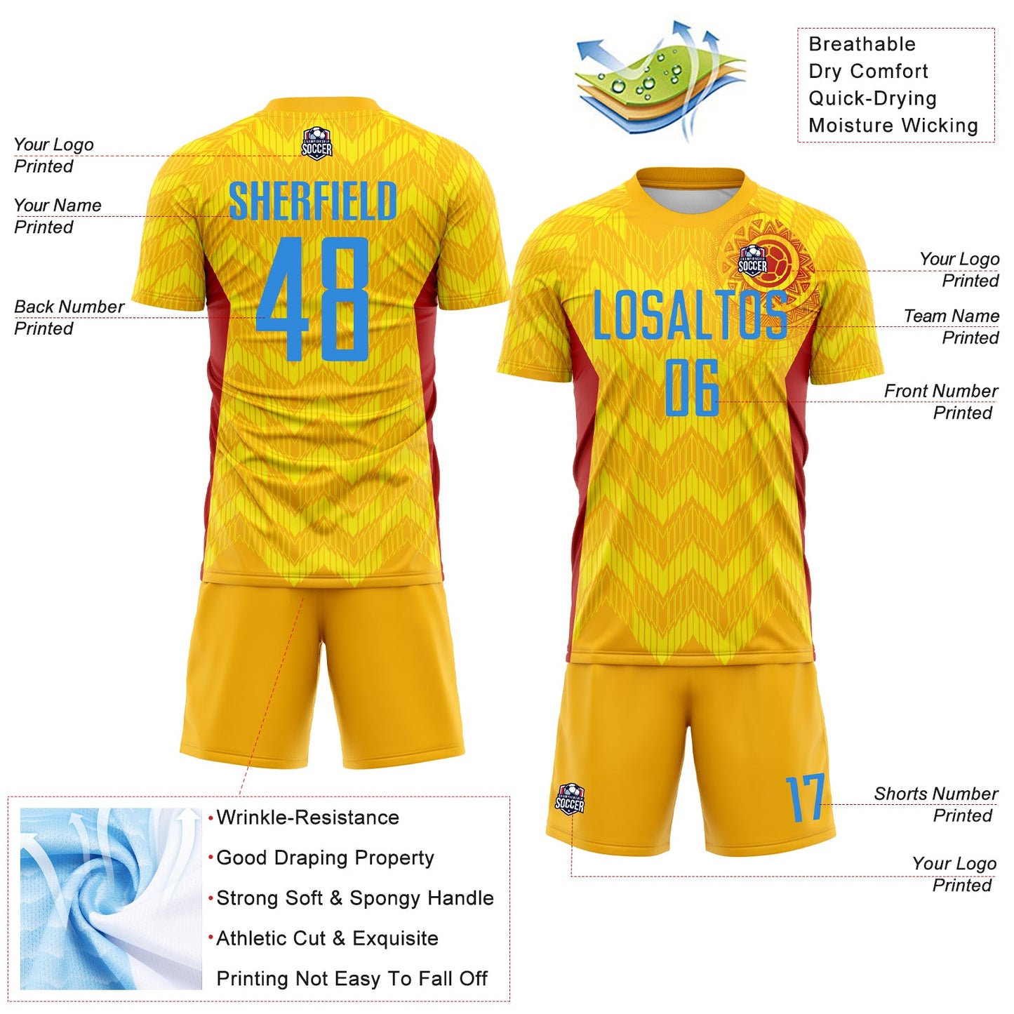 Custom Gold Powder Blue Red-Light Yellow Colombia Zigzag Pattern Sublimation Soccer Uniform Jersey view 4