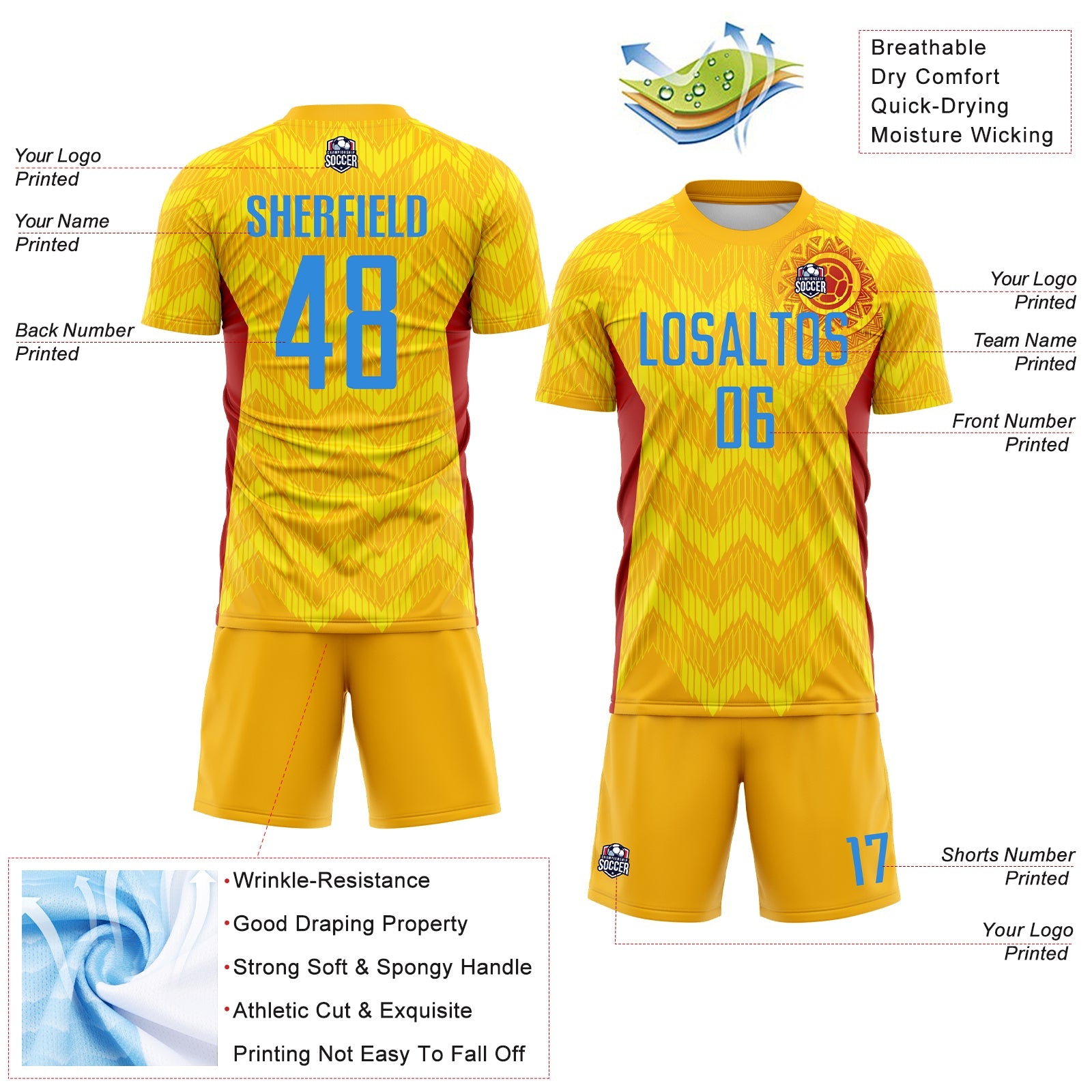 Custom Gold Powder Blue Red-Light Yellow Colombia Zigzag Pattern Sublimation Soccer Uniform Jersey view 4