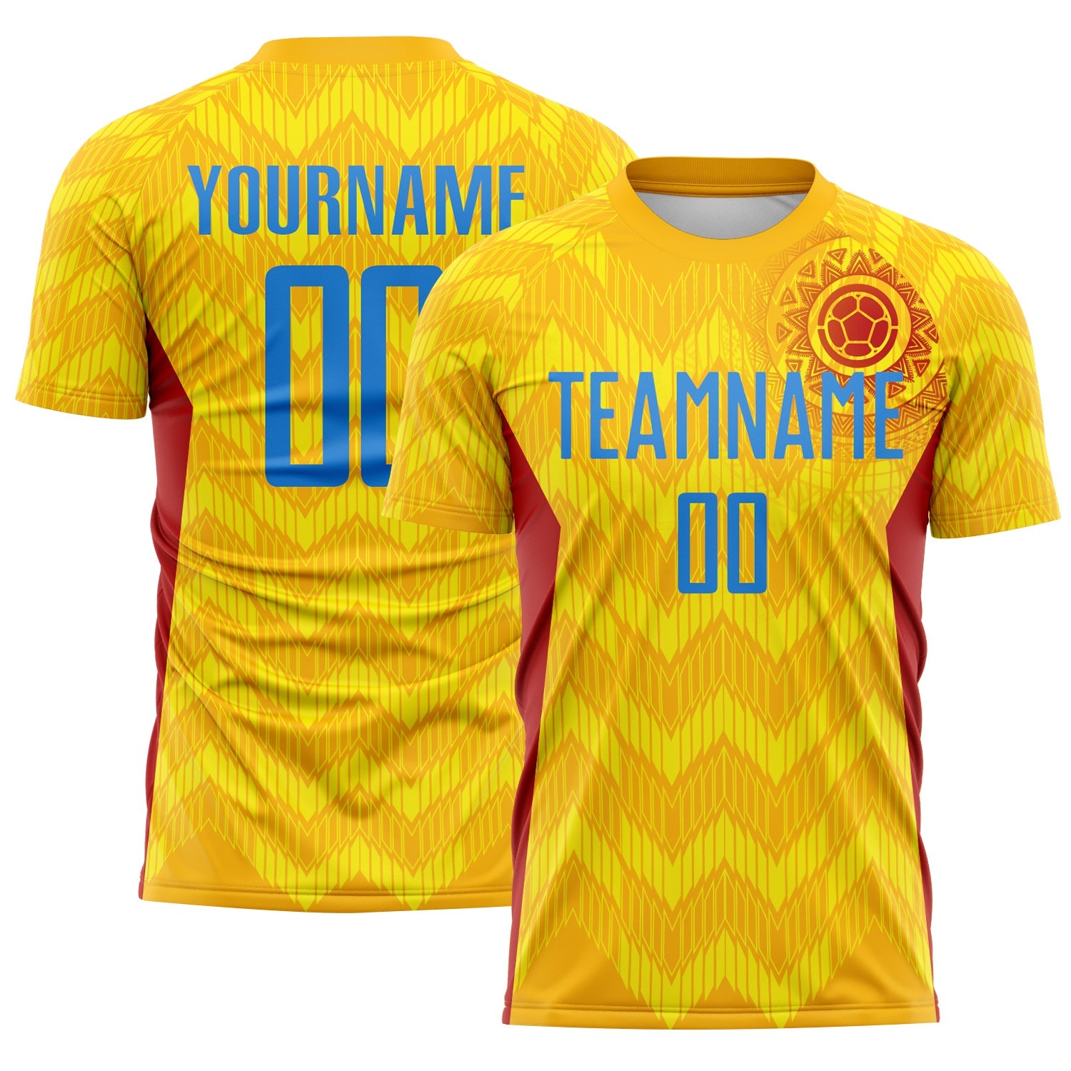 Custom Gold Powder Blue Red-Light Yellow Colombia Zigzag Pattern Sublimation Soccer Uniform Jersey - Main View