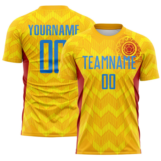 Custom Gold Powder Blue Red-Light Yellow Colombia Zigzag Pattern Sublimation Soccer Uniform Jersey - Main View
