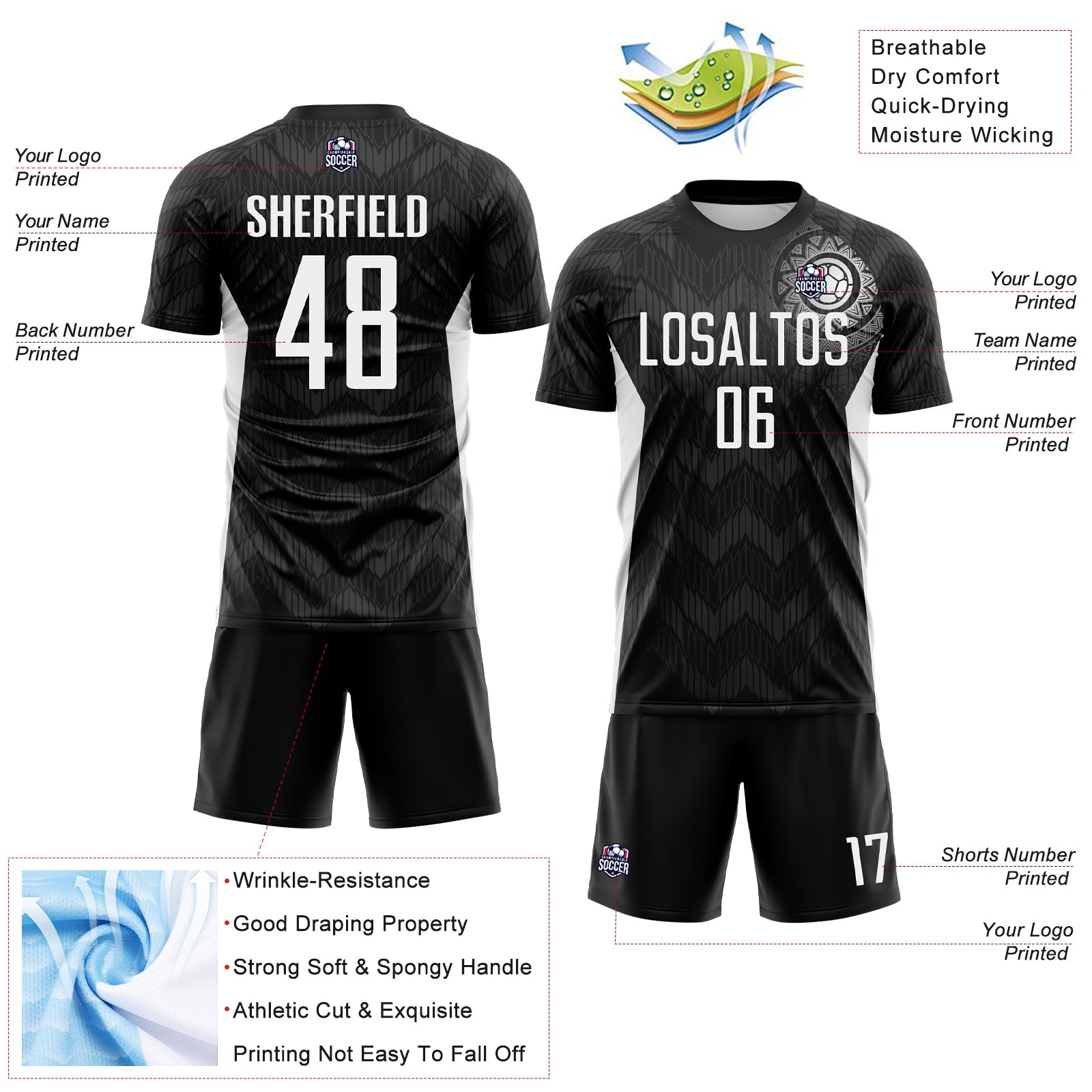 Custom Black White-Steel Gray Colombia Zigzag Pattern Sublimation Soccer Uniform Jersey view 4