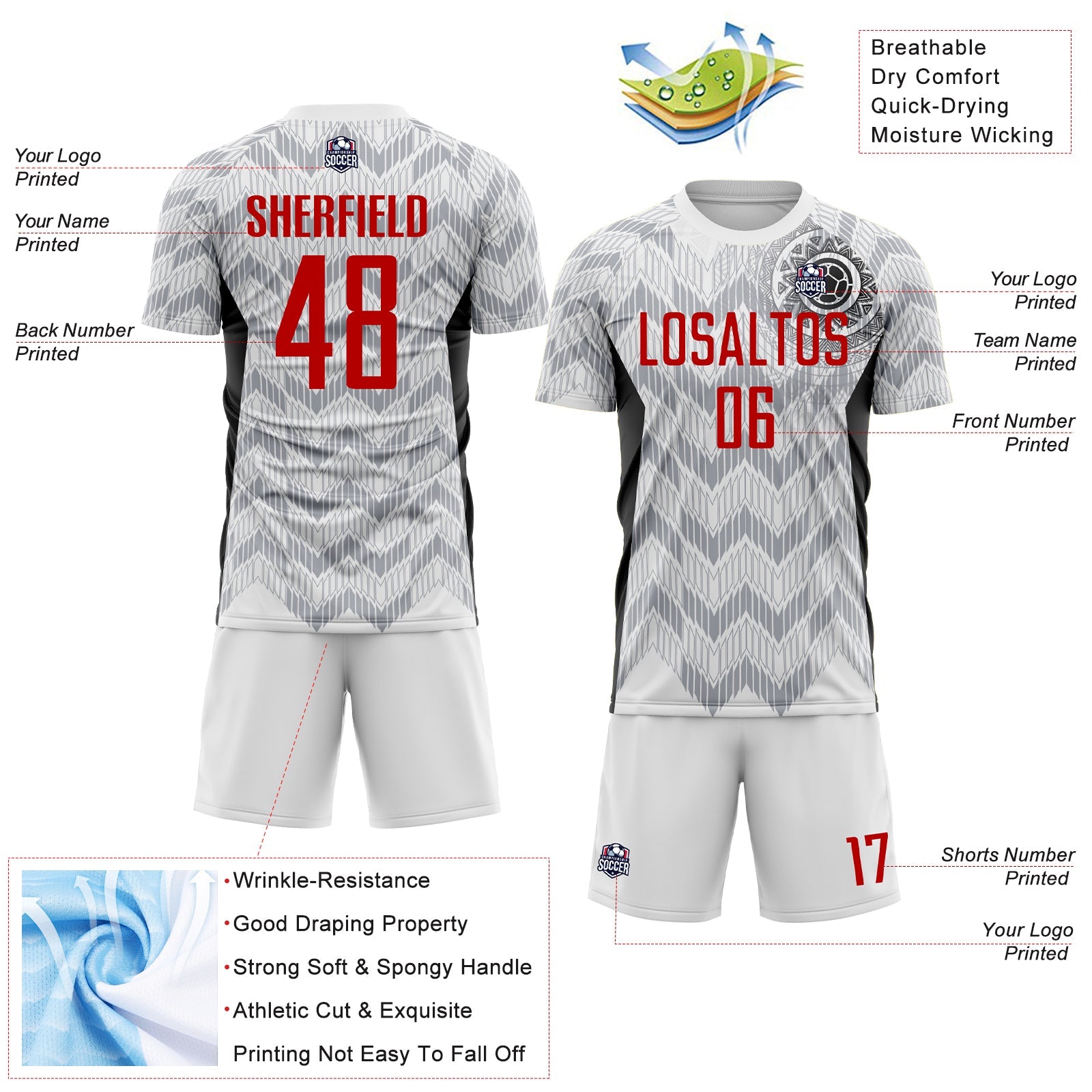 Custom White Red Gray-Black Colombia Zigzag Pattern Sublimation Soccer Uniform Jersey view 4