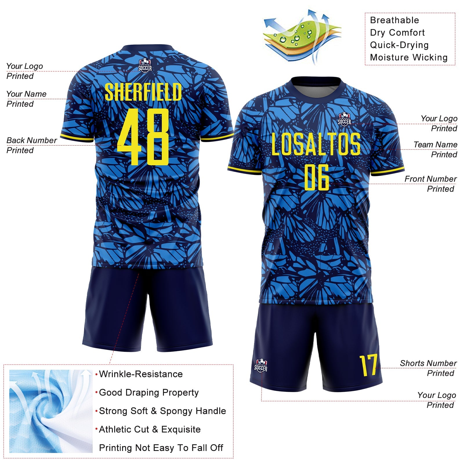 Custom Navy Light Yellow-Blue Colombia Butterfly Wings Pattern Sublimation Soccer Uniform Jersey view 4