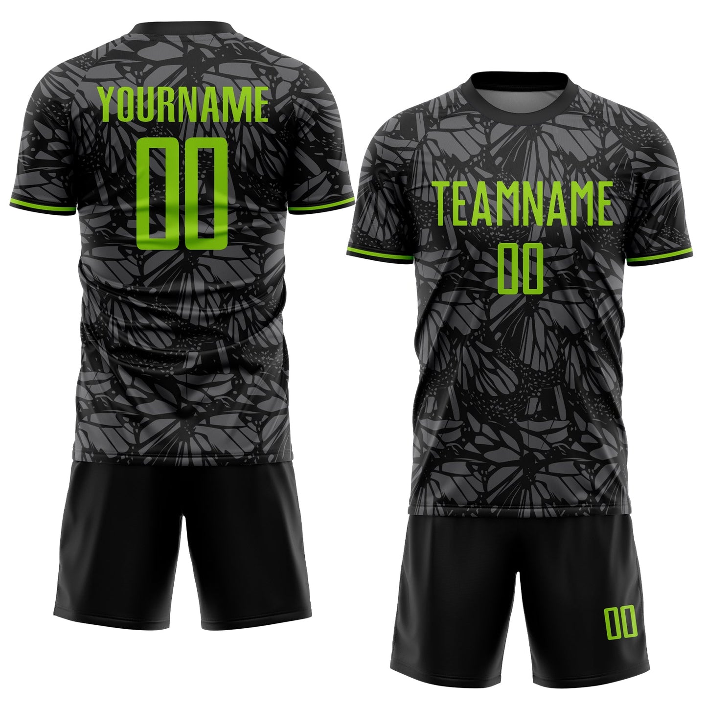 Custom Black Neon Green-Steel Gray Colombia Butterfly Wings Pattern Sublimation Soccer Uniform Jersey view 2