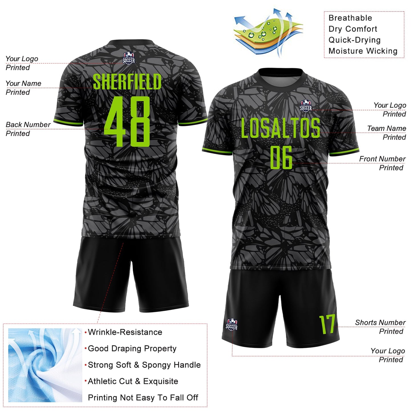Custom Black Neon Green-Steel Gray Colombia Butterfly Wings Pattern Sublimation Soccer Uniform Jersey view 4