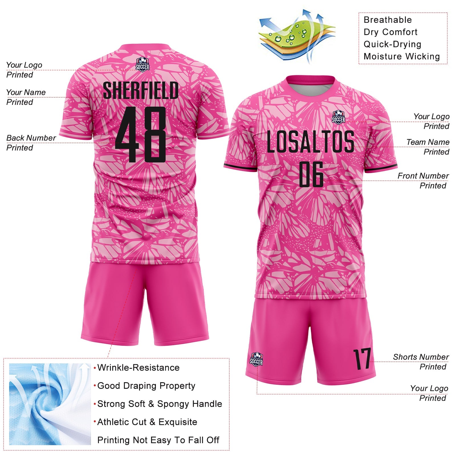 Custom Pink Black-Light Pink Colombia Butterfly Wings Pattern Sublimation Soccer Uniform Jersey view 4