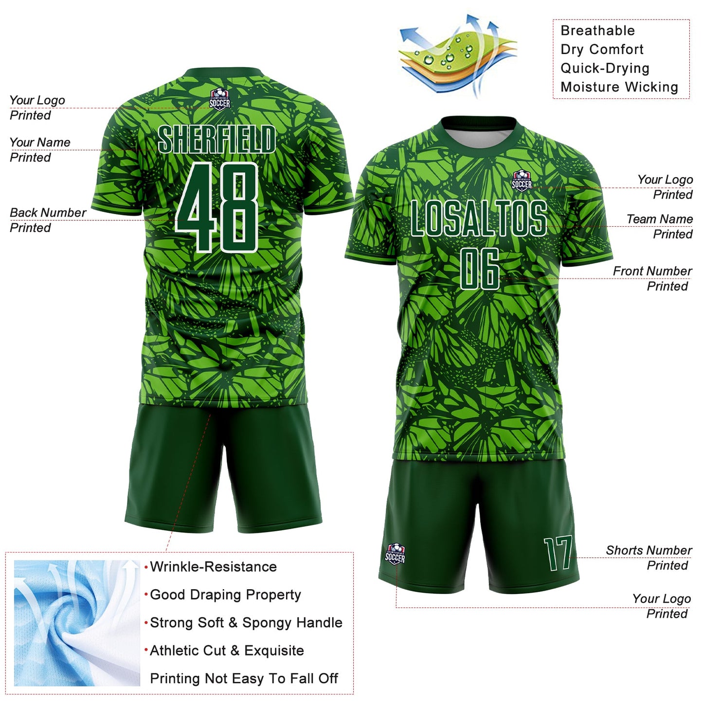 Custom Green Aurora Green-White Colombia Butterfly Wings Pattern Sublimation Soccer Uniform Jersey view 4