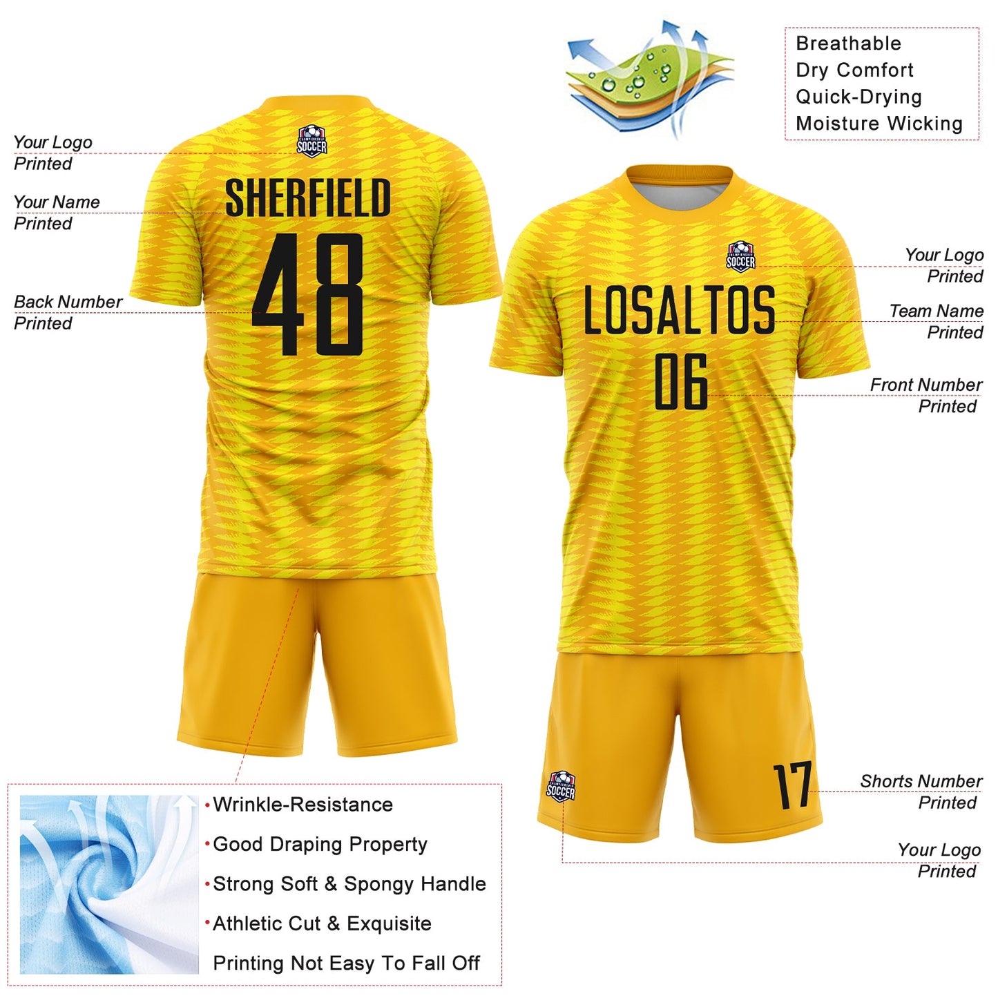 Custom Gold Black-Light Yellow Colombia Feather Pattern Sublimation Soccer Uniform Jersey view 4