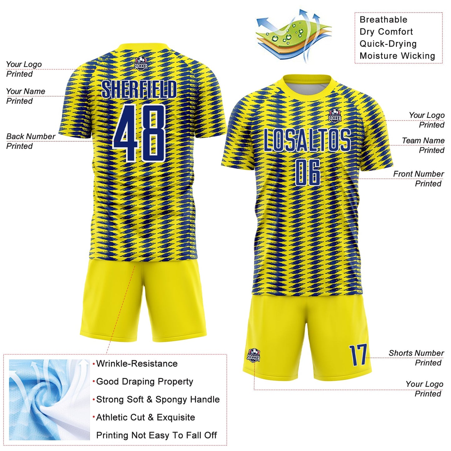 Custom Light Yellow Royal-White Colombia Feather Pattern Sublimation Soccer Uniform Jersey view 4