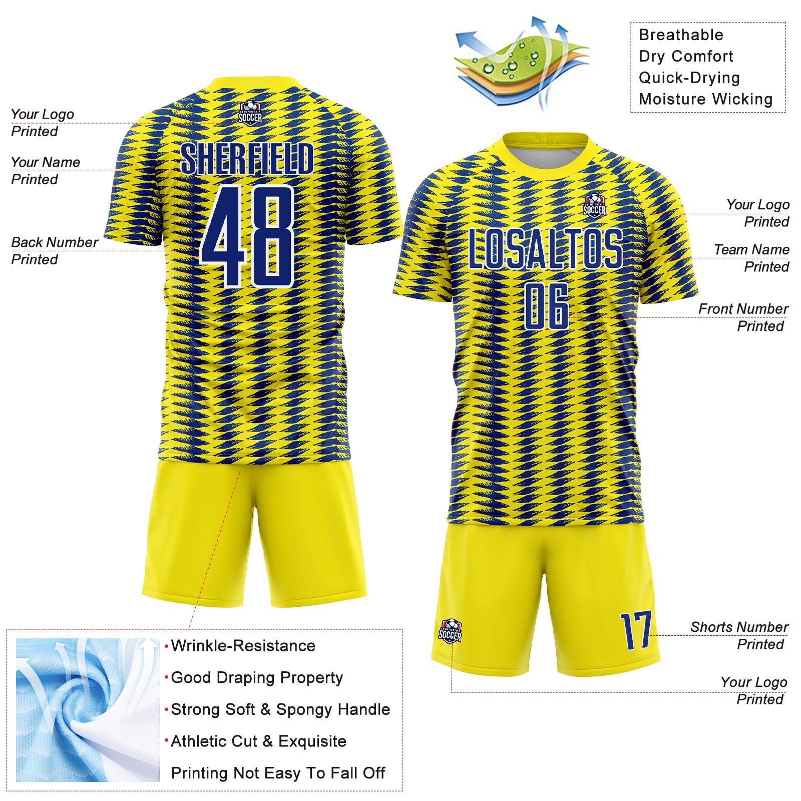 Custom Light Yellow Royal-White Colombia Feather Pattern Sublimation Soccer Uniform Jersey view 4