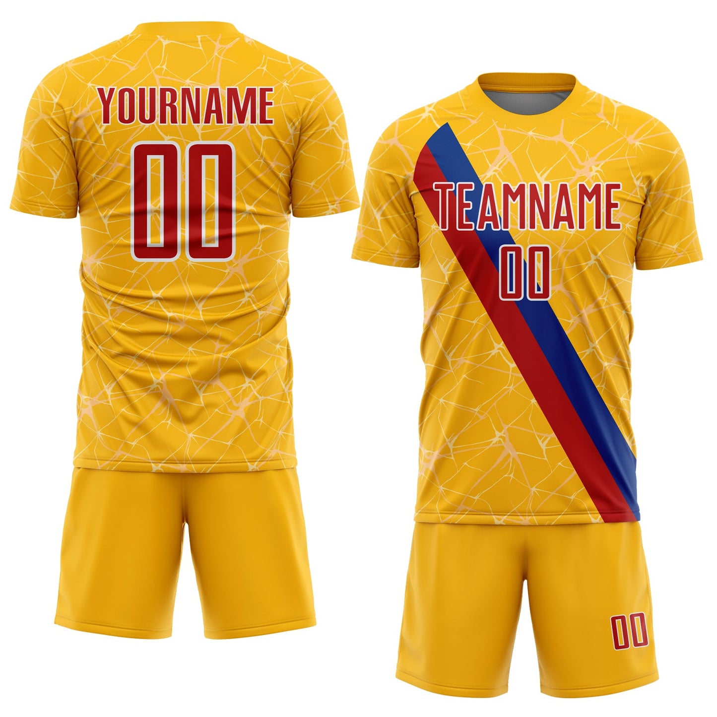Custom Gold Red Blue-White Colombia Network Pattern Diagonal Stripe Sublimation Soccer Uniform Jersey view 2