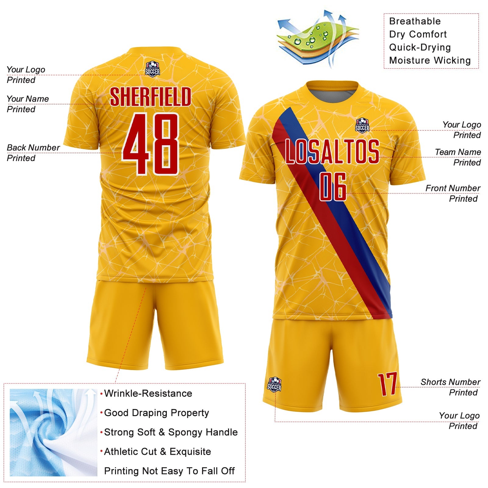 Custom Gold Red Blue-White Colombia Network Pattern Diagonal Stripe Sublimation Soccer Uniform Jersey view 4