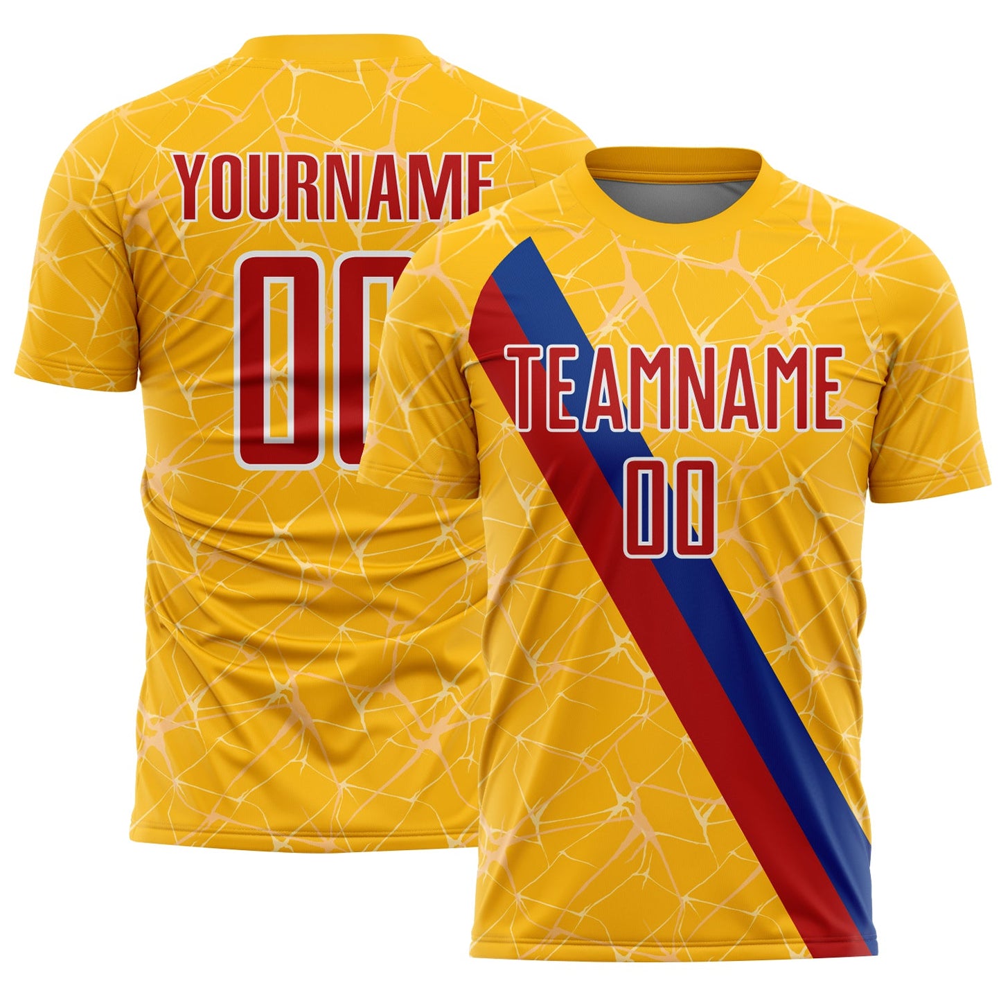 Custom Gold Red Blue-White Colombia Network Pattern Diagonal Stripe Sublimation Soccer Uniform Jersey - Main View