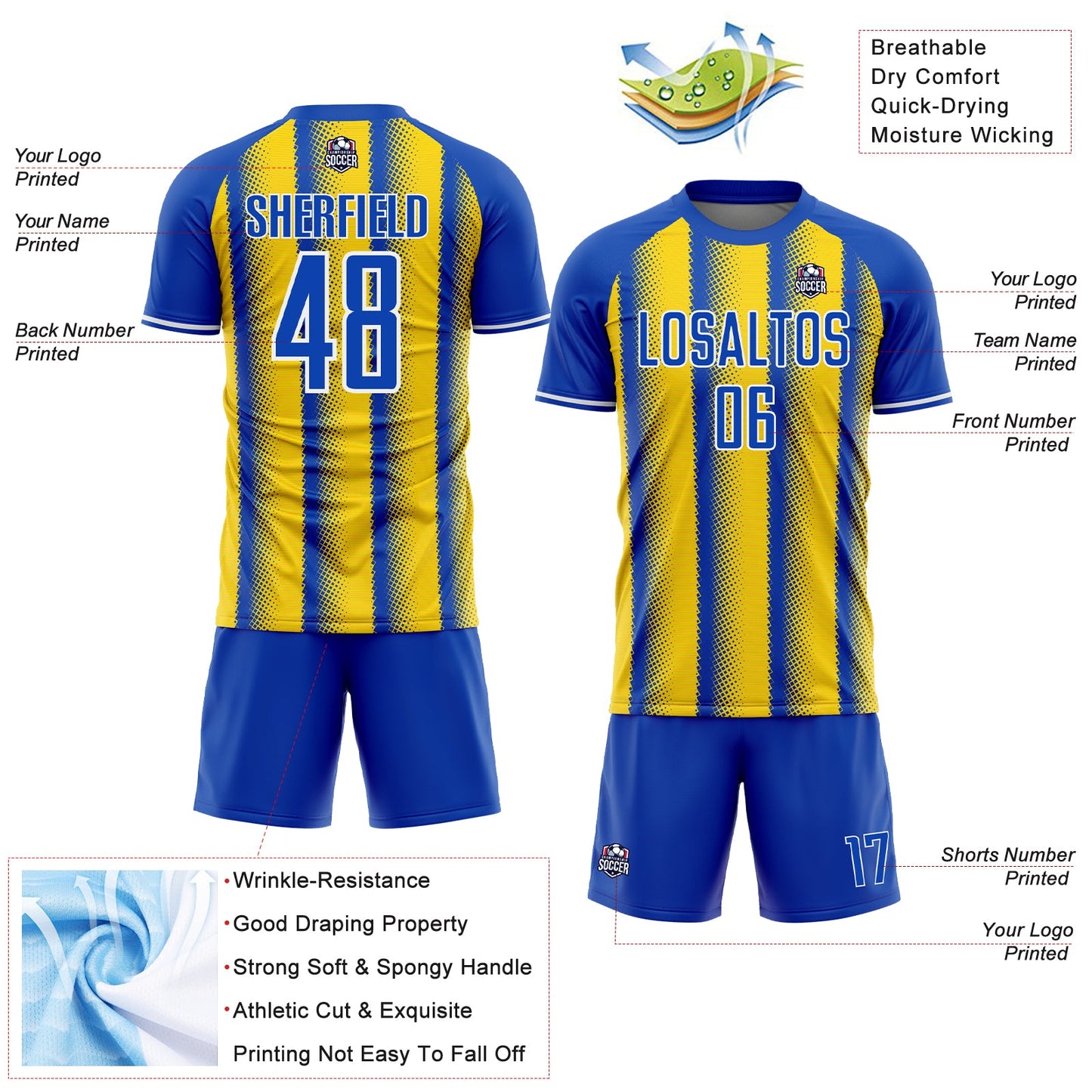 Custom Thunder Blue Light Yellow-White Colombia Vertical Stripes Halftone Dot Pattern Sublimation Soccer Uniform Jersey view 4