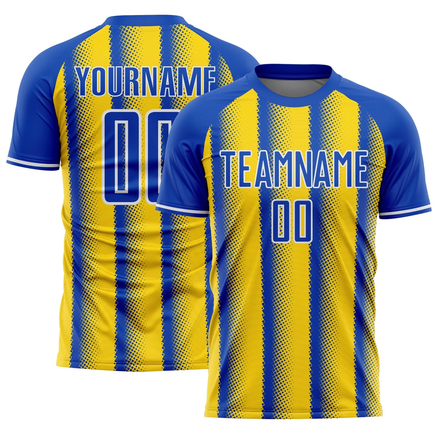 Custom Thunder Blue Light Yellow-White Colombia Vertical Stripes Halftone Dot Pattern Sublimation Soccer Uniform Jersey - Main View