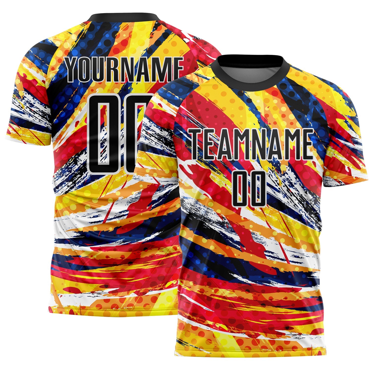 Custom Graffiti Pattern Black Yellow Blue-Red Colombia Brush Stroke Halftone Dot Pattern Sublimation Soccer Uniform Jersey - Main View