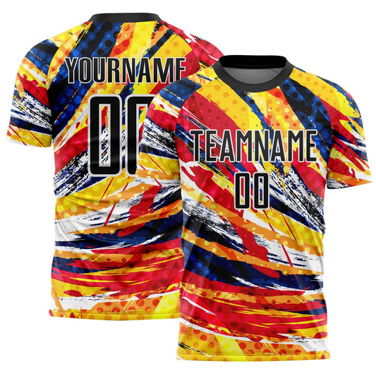 Custom Graffiti Pattern Black Yellow Blue-Red Colombia Brush Stroke Halftone Dot Pattern Sublimation Soccer Uniform Jersey - Main View