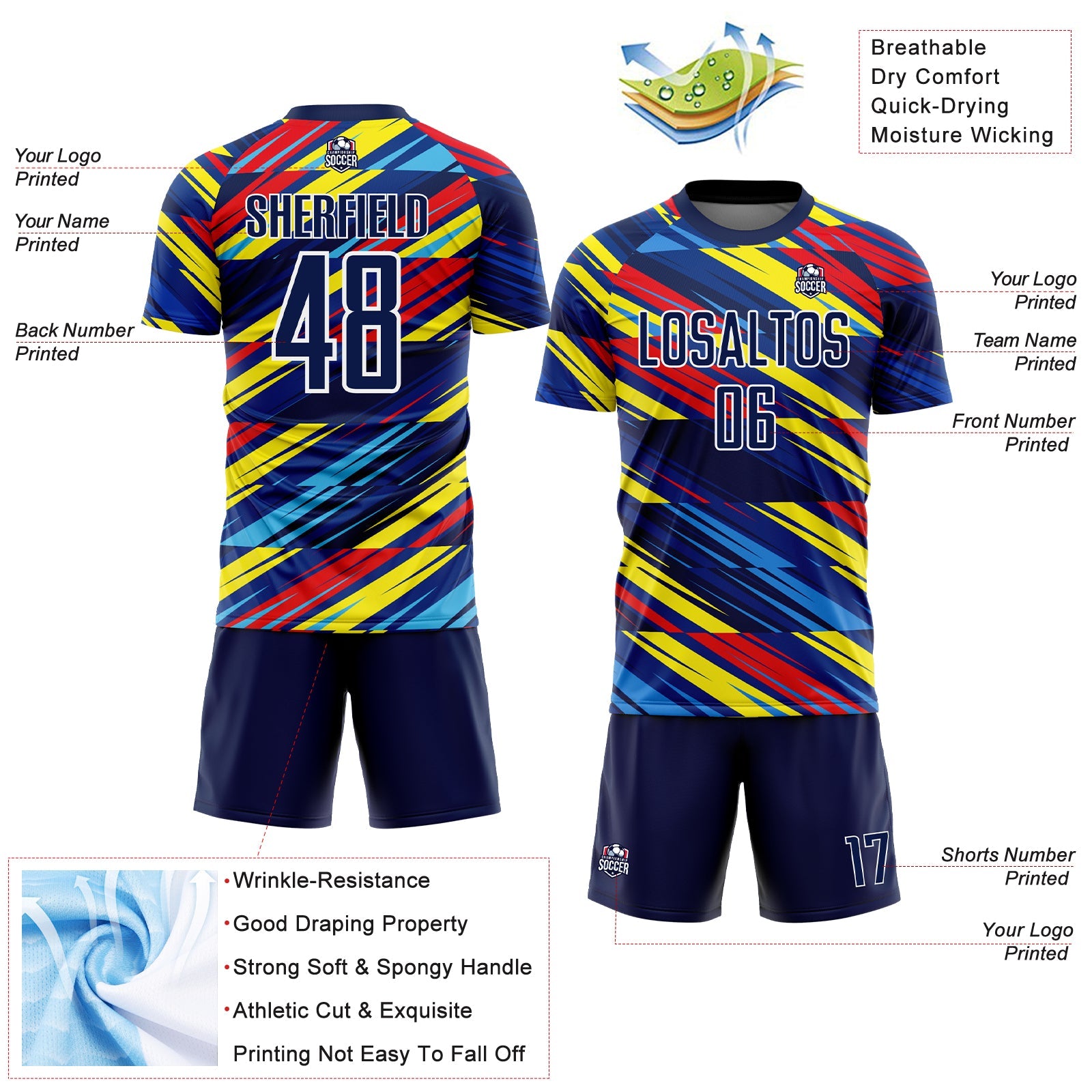 Custom Royal Navy Yellow Blue-Red Colombia Diagonal Stripes Sublimation Soccer Uniform Jersey view 4