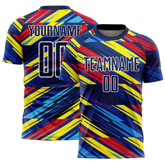 Custom Royal Navy Yellow Blue-Red Colombia Diagonal Stripes Sublimation Soccer Uniform Jersey - Main View
