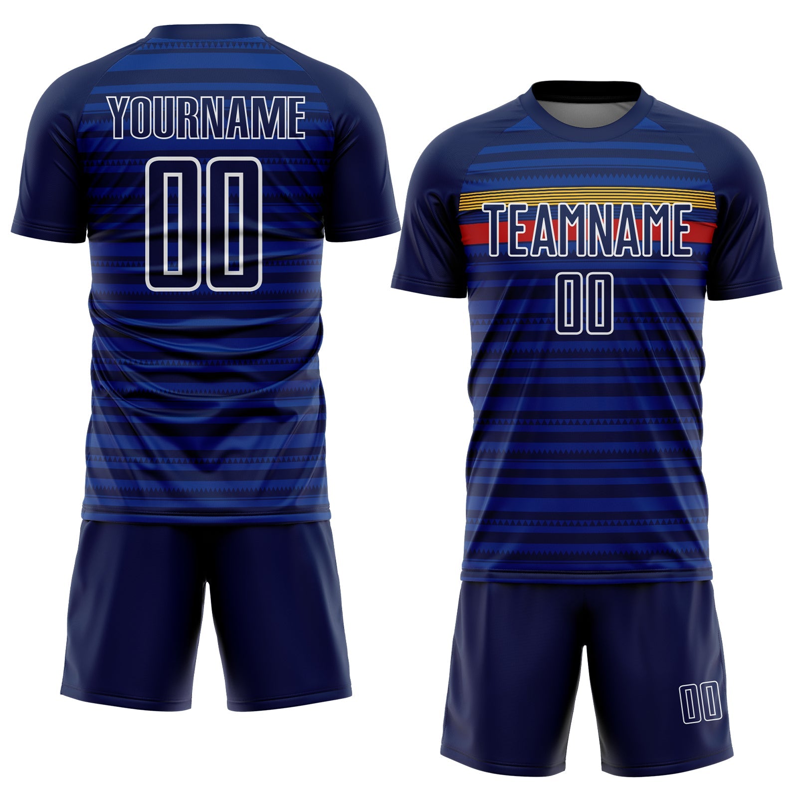 Custom Royal Navy Yellow-Red Colombia Horizontal Stripes Geometric Aztec Tribal Pattern Sublimation Soccer Uniform Jersey view 2