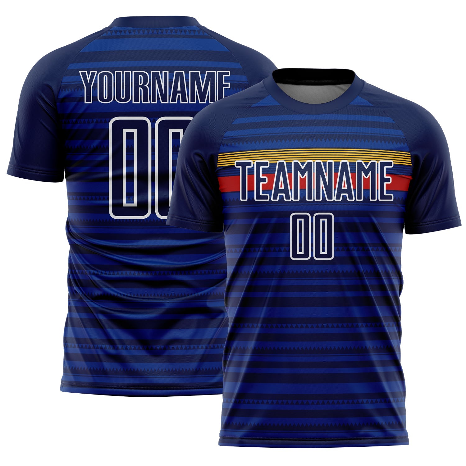 Custom Royal Navy Yellow-Red Colombia Horizontal Stripes Geometric Aztec Tribal Pattern Sublimation Soccer Uniform Jersey - Main View