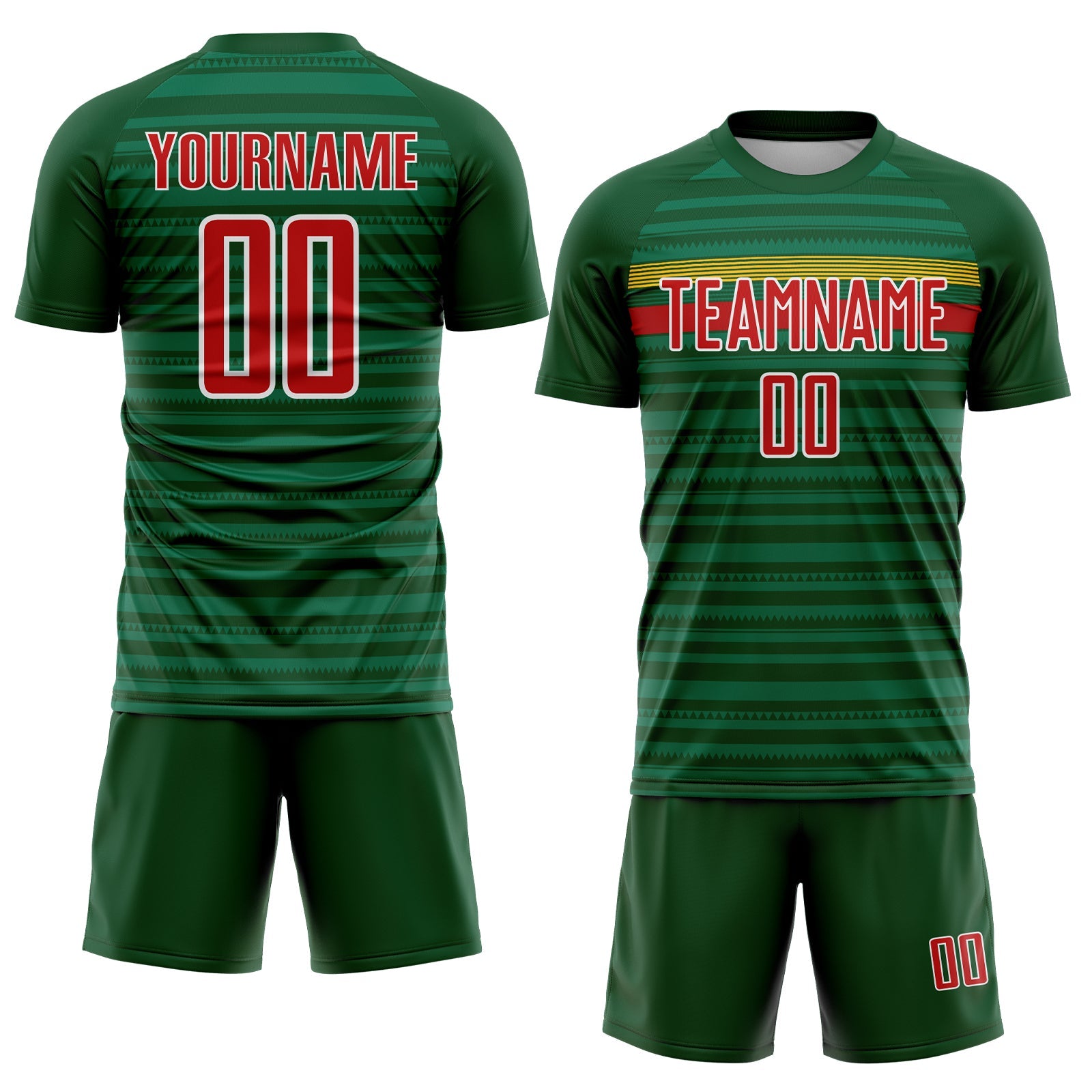 Custom Green Red Yellow-White Colombia Horizontal Stripes Geometric Aztec Tribal Pattern Sublimation Soccer Uniform Jersey view 2